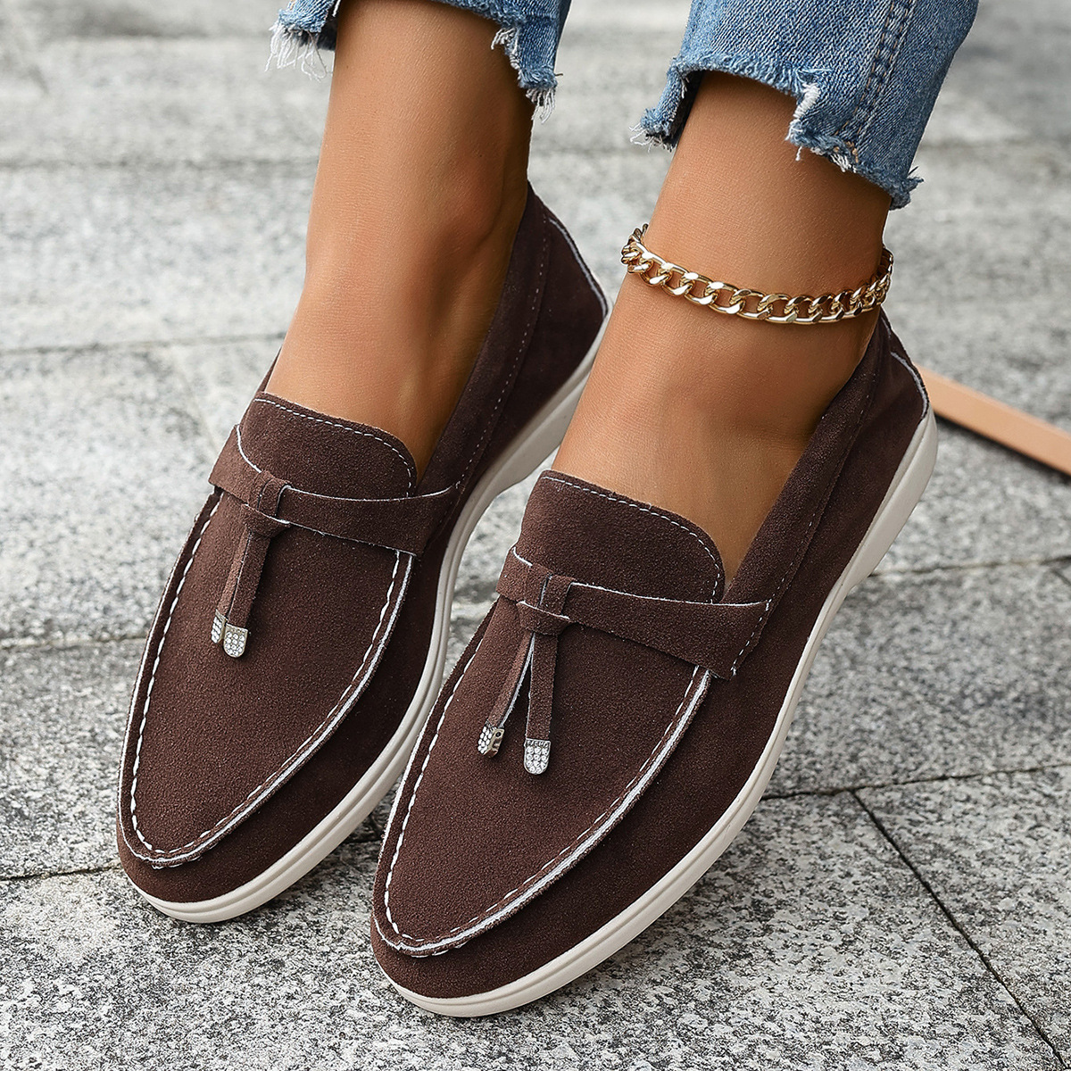 Casual One Pedal Loafer Tassel Shallow Mouth Loafers For Women - Image 6